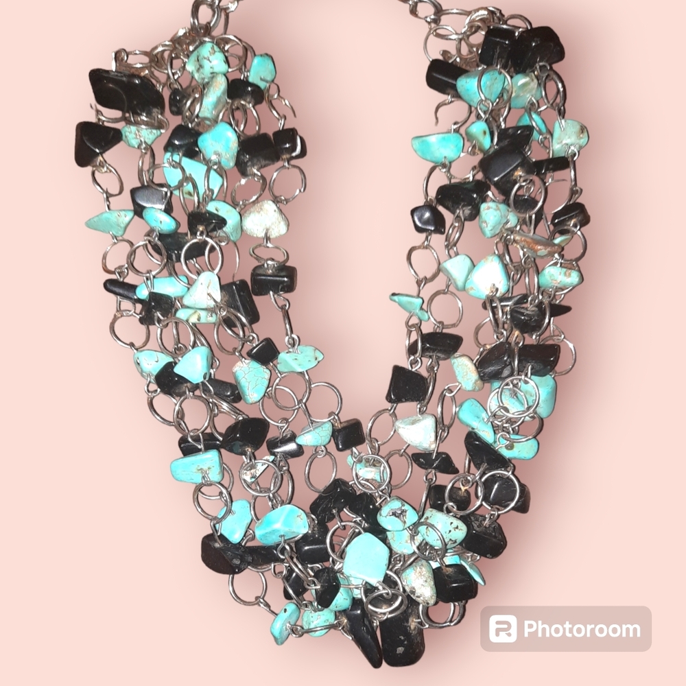 Turquoise and black genuine nugget multistrand necklace silvertone